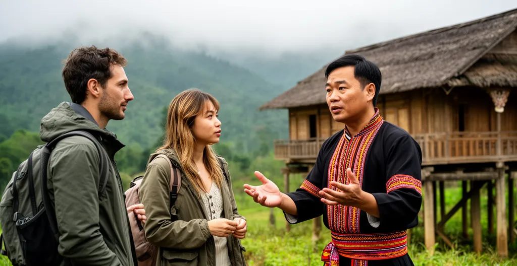 Guide vietnamien expliquant l'architecture d'une maison sur pilotis à des voyageurs dans un village de montagne