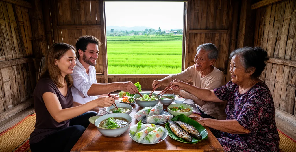 Couple français partageant un repas traditionnel avec une famille vietnamienne dans une maison sur pilotis